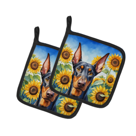 In Sunflowers Pair of Pot Holders (Design: Doberman Pinscher 6068, size: 7.5HX7.5W)