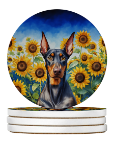 In Sunflowers Large Sandstone Coasters (Dog Breed: Doberman Pinscher 6068)