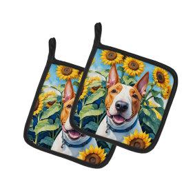 In Sunflowers Pair of Pot Holders (Design: English Bull Terrier 6070, size: 7.5HX7.5W)