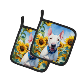 In Sunflowers Pair of Pot Holders (Design: English Bull Terrier 6071, size: 7.5HX7.5W)