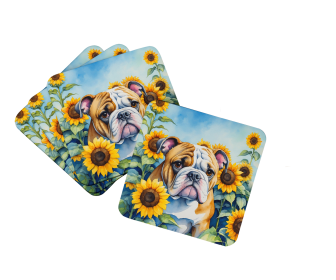 In Sunflowers Foam Coasters (Dog Breed: English Bulldog 6072, size: 3.5)