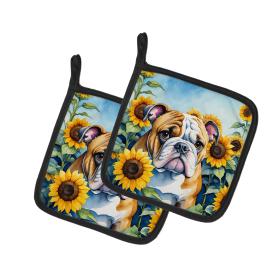 In Sunflowers Pair of Pot Holders (Design: English Bulldog 6072, size: 7.5HX7.5W)