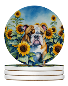 In Sunflowers Large Sandstone Coasters (Dog Breed: English Bulldog 6072)