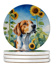 In Sunflowers Large Sandstone Coasters (Dog Breed: English Foxhound 6074)