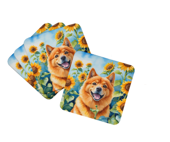 In Sunflowers Foam Coasters (Dog Breed: Finnish Spitz 6077, size: 3.5)