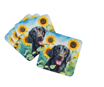 In Sunflowers Foam Coasters (Dog Breed: Flat-Coated Retriever 6078, size: 3.5)