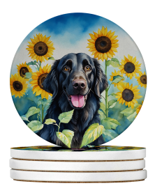 In Sunflowers Large Sandstone Coasters (Dog Breed: Flat-Coated Retriever 6078)