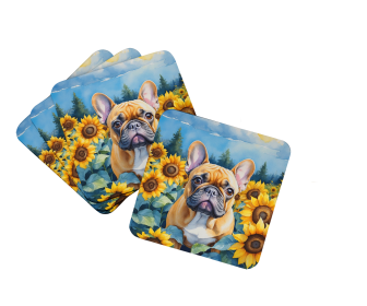In Sunflowers Foam Coasters (Dog Breed: French Bulldog 6080, size: 3.5)