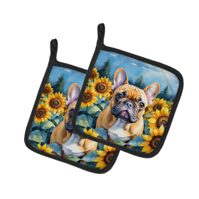 In Sunflowers Pair of Pot Holders (Design: French Bulldog 6080, size: 7.5HX7.5W)