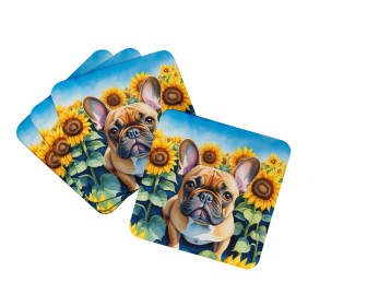 In Sunflowers Foam Coasters (Dog Breed: French Bulldog 6081, size: 3.5)