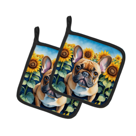 In Sunflowers Pair of Pot Holders (Design: French Bulldog 6081, size: 7.5HX7.5W)