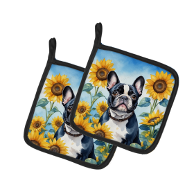 In Sunflowers Pair of Pot Holders (Design: French Bulldog 6082, size: 7.5HX7.5W)