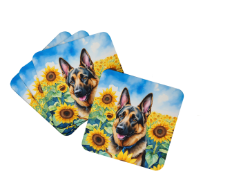In Sunflowers Foam Coasters (Dog Breed: German Shepherd 6084, size: 3.5)