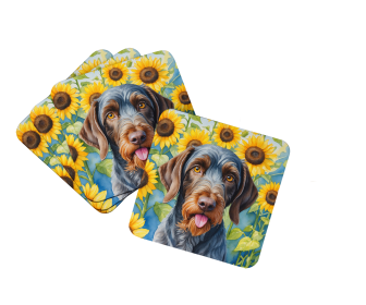 In Sunflowers Foam Coasters (Dog Breed: German Wirehaired Pointer 6086, size: 3.5)