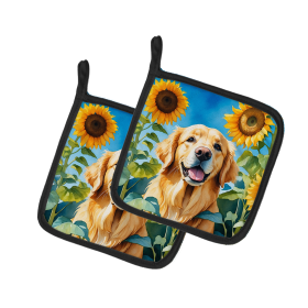 In Sunflowers Pair of Pot Holders (Design: Golden Retriever 6088, size: 7.5HX7.5W)