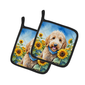 In Sunflowers Pair of Pot Holders (Design: Goldendoodle 6089, size: 7.5HX7.5W)