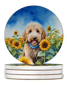 In Sunflowers Large Sandstone Coasters (Dog Breed: Goldendoodle 6089)