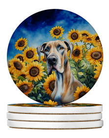 In Sunflowers Large Sandstone Coasters (Dog Breed: Great Dane 6092)