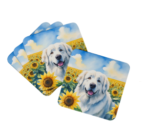 In Sunflowers Foam Coasters (Dog Breed: Great Pyrenees 6093, size: 3.5)