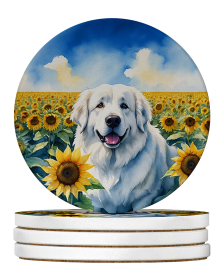 In Sunflowers Large Sandstone Coasters (Dog Breed: Great Pyrenees 6093)