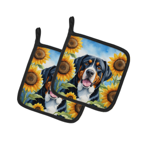 In Sunflowers Pair of Pot Holders (Design: Greater Swiss Mountain Dog 6094, size: 7.5HX7.5W)