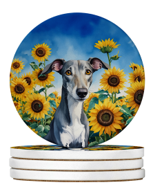 In Sunflowers Large Sandstone Coasters (Dog Breed: Greyhound 6096)