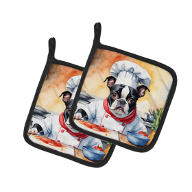 The Dog Chef Pair of Pot Holders (Design: Boston Terrier 6215, size: 7.5HX7.5W)