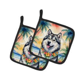 Luau Party Pair of Pot Holders (Design: Alaskan Malamute 6349, size: 7.5HX7.5W)