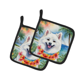 Luau Party Pair of Pot Holders (Design: American Eskimo 6352, size: 7.5HX7.5W)