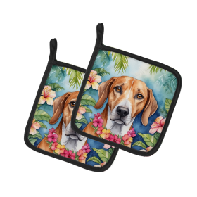 Luau Party Pair of Pot Holders (Design: American Foxhound 6353, size: 7.5HX7.5W)