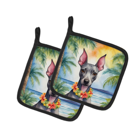 Luau Party Pair of Pot Holders (Design: American Hairless Terrier 6354, size: 7.5HX7.5W)