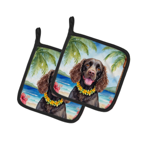 Luau Party Pair of Pot Holders (Design: American Water Spaniel 6355, size: 7.5HX7.5W)