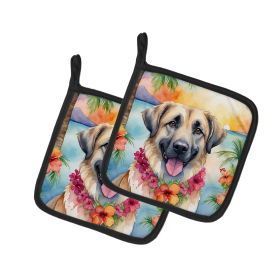 Luau Party Pair of Pot Holders (Design: Anatolian Shepherd 6356, size: 7.5HX7.5W)