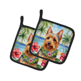Luau Party Pair of Pot Holders (Design: Australian Terrier 6359, size: 7.5HX7.5W)