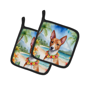Luau Party Pair of Pot Holders (Design: Basenji 6360, size: 7.5HX7.5W)