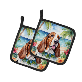 Luau Party Pair of Pot Holders (Design: Basset Hound 6361, size: 7.5HX7.5W)