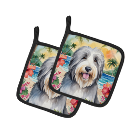 Luau Party Pair of Pot Holders (Design: Bearded Collie 6364, size: 7.5HX7.5W)