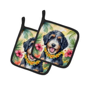 Luau Party Pair of Pot Holders (Design: Bernedoodle 6370, size: 7.5HX7.5W)