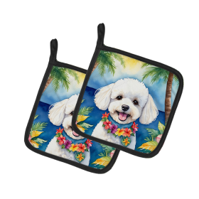Luau Party Pair of Pot Holders (Design: Bichon Frise 6372, size: 7.5HX7.5W)