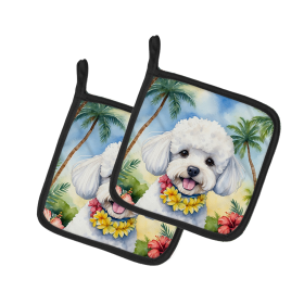 Luau Party Pair of Pot Holders (Design: Bichon Frise 6373, size: 7.5HX7.5W)
