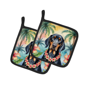 Luau Party Pair of Pot Holders (Design: Black and Tan Coonhound 6374, size: 7.5HX7.5W)