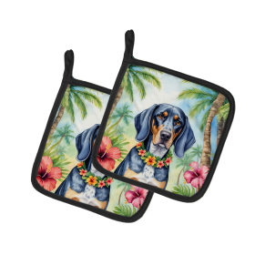 Luau Party Pair of Pot Holders (Design: Bluetick Coonhound 6376, size: 7.5HX7.5W)