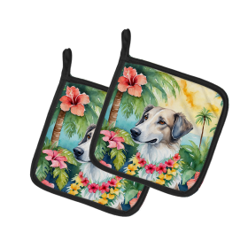 Luau Party Pair of Pot Holders (Design: Borzoi 6380, size: 7.5HX7.5W)