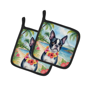Luau Party Pair of Pot Holders (Design: Boston Terrier 6381, size: 7.5HX7.5W)