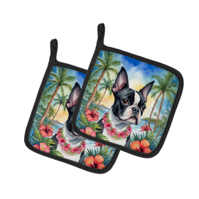 Luau Party Pair of Pot Holders (Design: Boston Terrier 6382, size: 7.5HX7.5W)