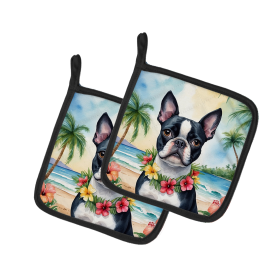 Luau Party Pair of Pot Holders (Design: Boston Terrier 6383, size: 7.5HX7.5W)