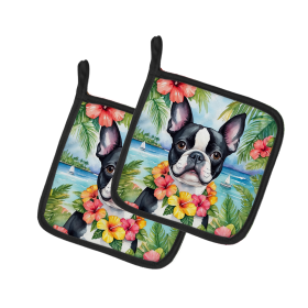 Luau Party Pair of Pot Holders (Design: Boston Terrier 6384, size: 7.5HX7.5W)