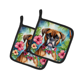 Luau Party Pair of Pot Holders (Design: Boxer 6388, size: 7.5HX7.5W)