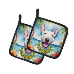 Luau Party Pair of Pot Holders (Design: Bull Terrier 6394, size: 7.5HX7.5W)