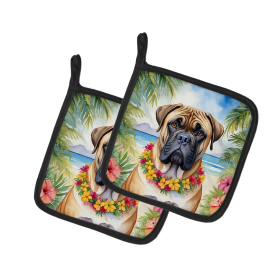 Luau Party Pair of Pot Holders (Design: Bullmastiff 6395, size: 7.5HX7.5W)